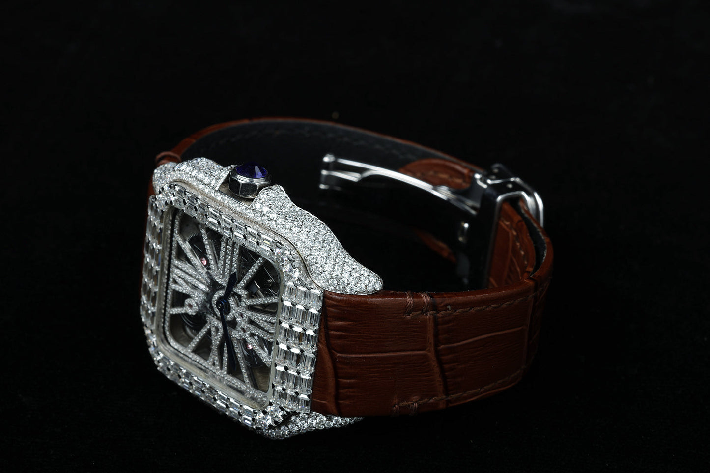 Brown Leather Strap Vvs Billing Diamond Watch