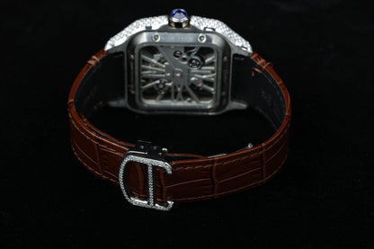 Brown Leather Strap Vvs Billing Diamond Watch