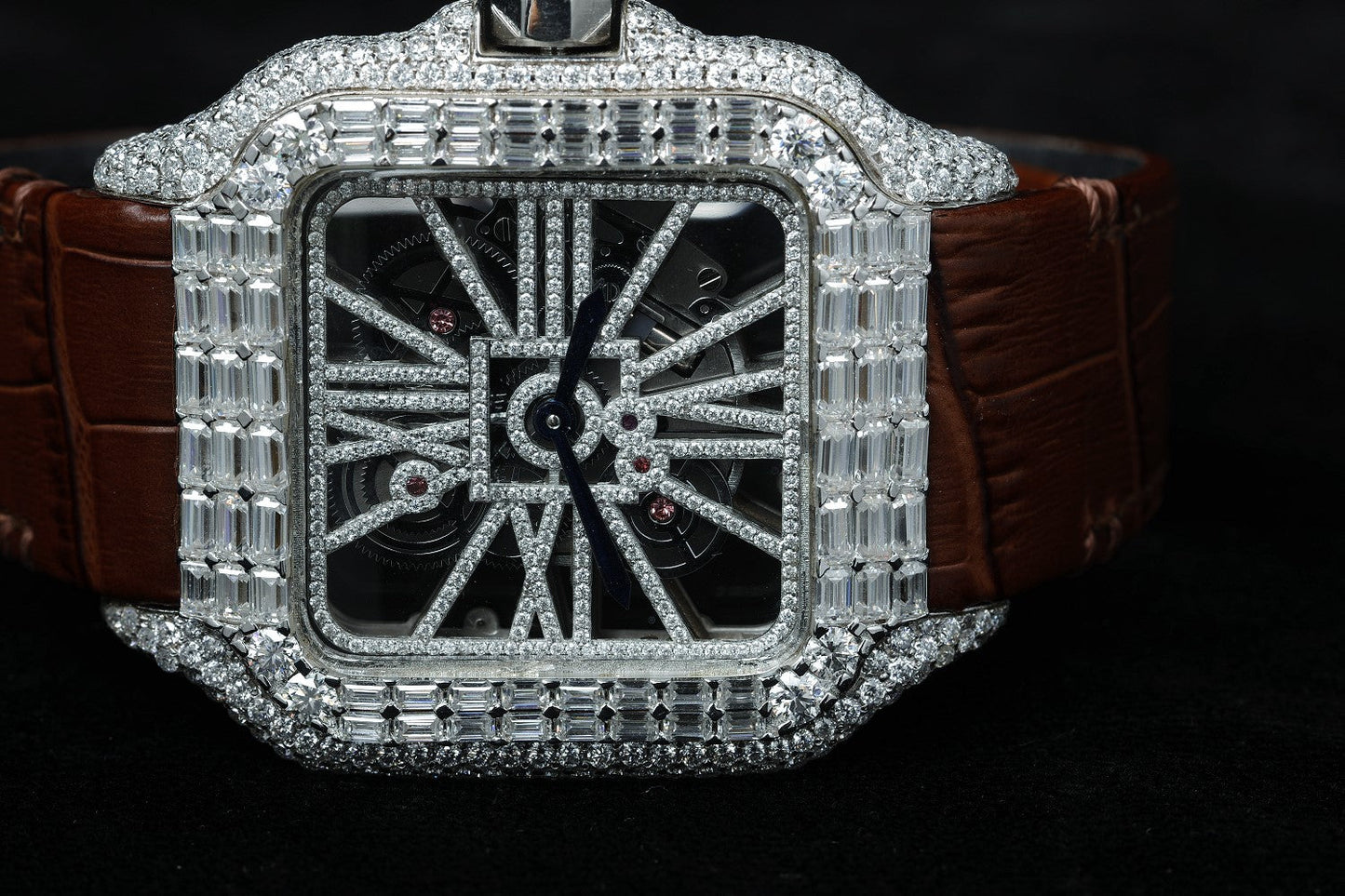 Brown Leather Strap Vvs Billing Diamond Watch